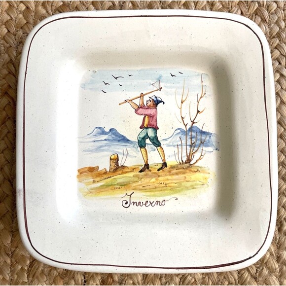 Set of 4 Hand Painted SEASONS Square Plates 9" Italy Vintage RARE - Picture 2 of 16